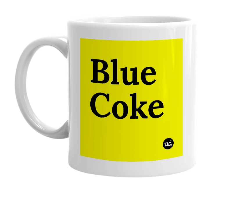 White mug with 'Blue Coke' in bold black letters