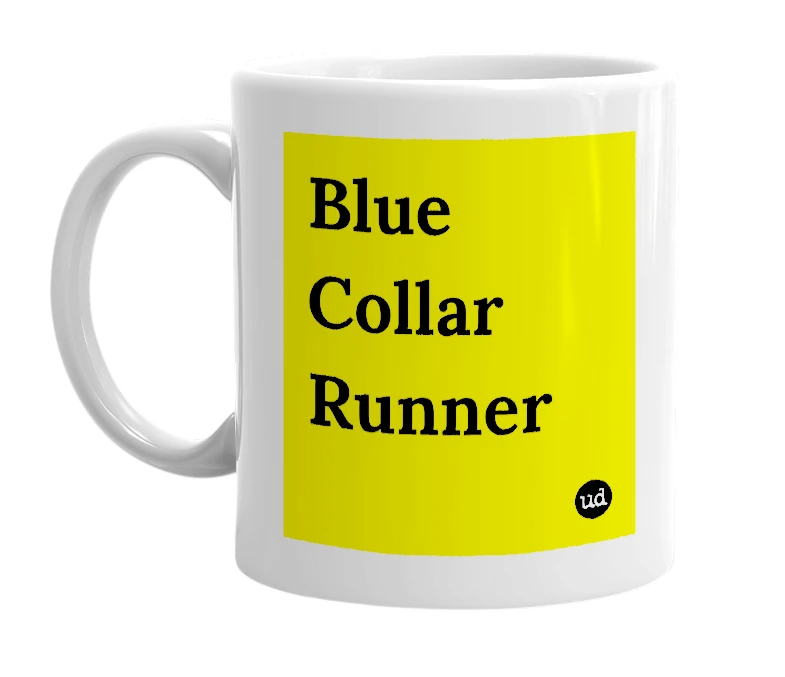 White mug with 'Blue Collar Runner' in bold black letters