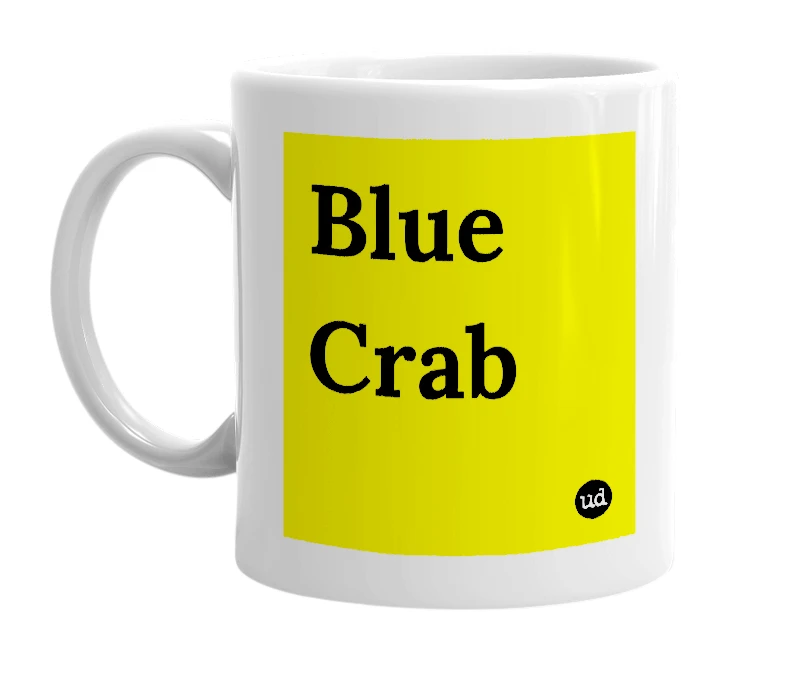 White mug with 'Blue Crab' in bold black letters