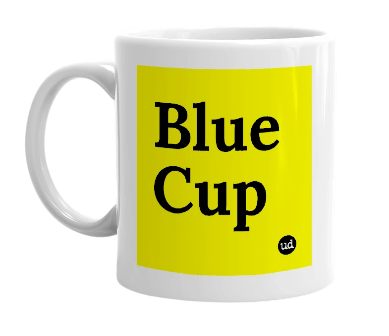 White mug with 'Blue Cup' in bold black letters