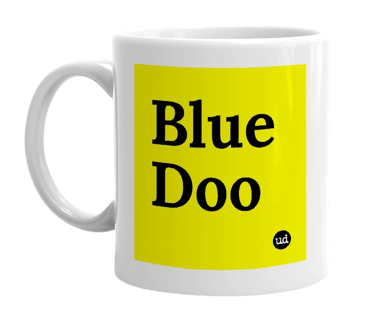 White mug with 'Blue Doo' in bold black letters