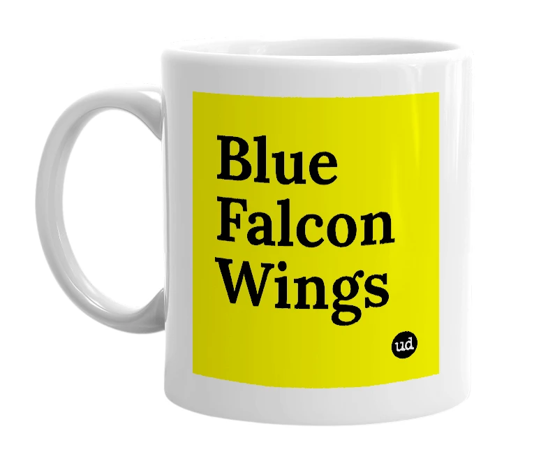 White mug with 'Blue Falcon Wings' in bold black letters