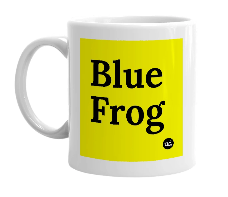 White mug with 'Blue Frog' in bold black letters