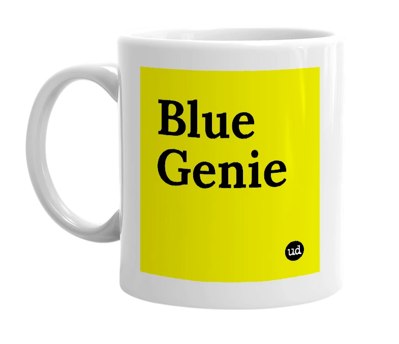 White mug with 'Blue Genie' in bold black letters