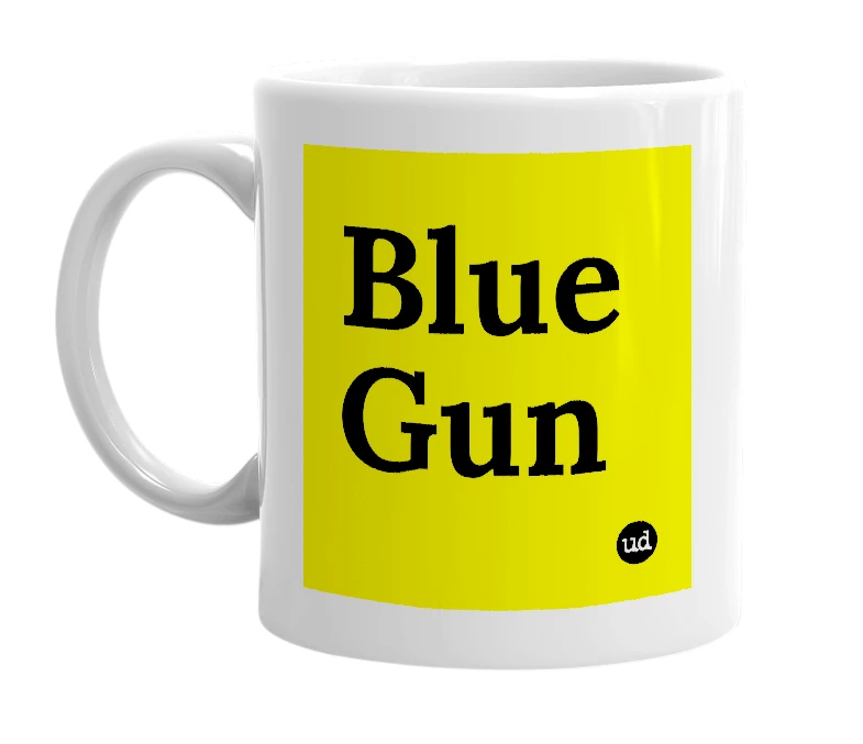 White mug with 'Blue Gun' in bold black letters