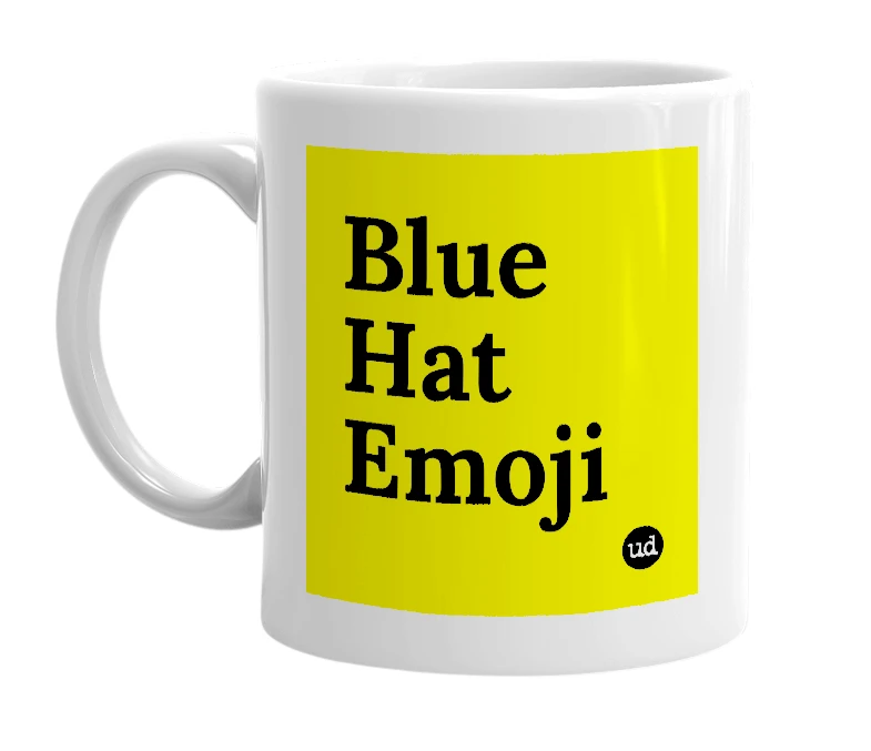 White mug with 'Blue Hat Emoji' in bold black letters