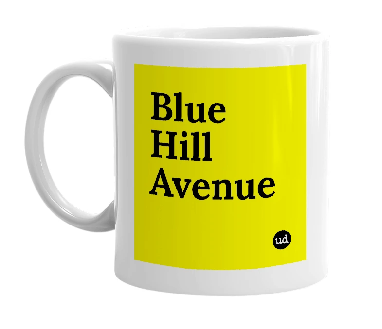 White mug with 'Blue Hill Avenue' in bold black letters