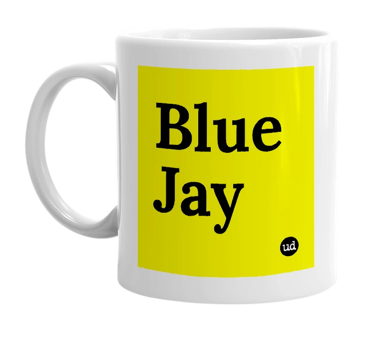 White mug with 'Blue Jay' in bold black letters