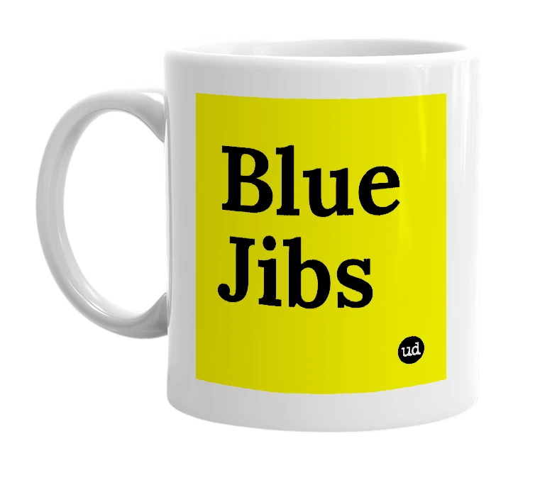 White mug with 'Blue Jibs' in bold black letters