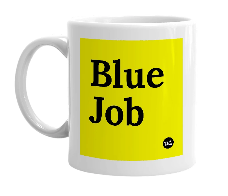 White mug with 'Blue Job' in bold black letters