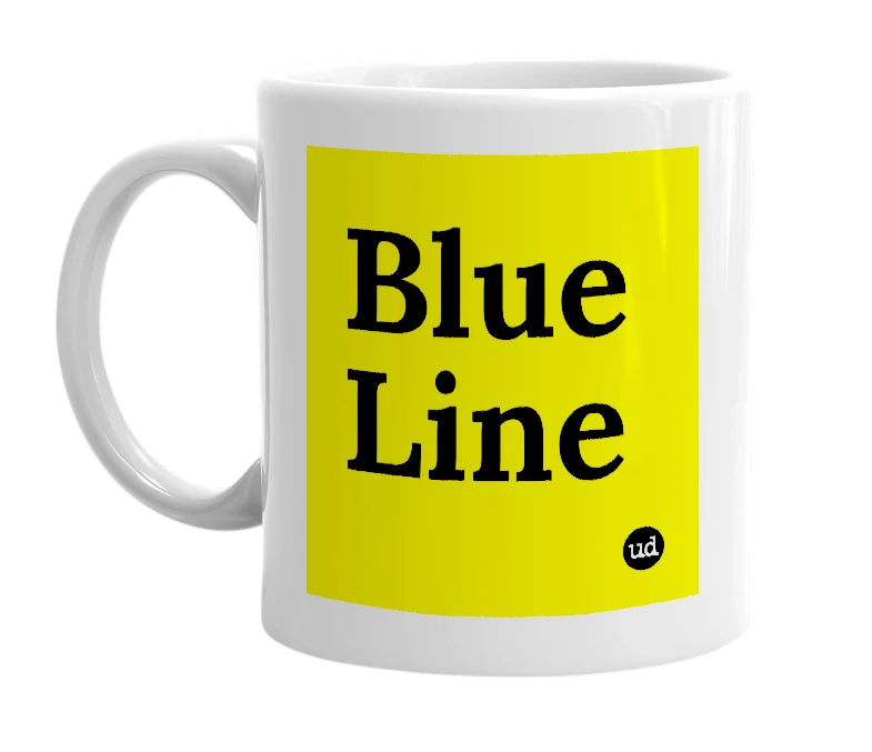 White mug with 'Blue Line' in bold black letters