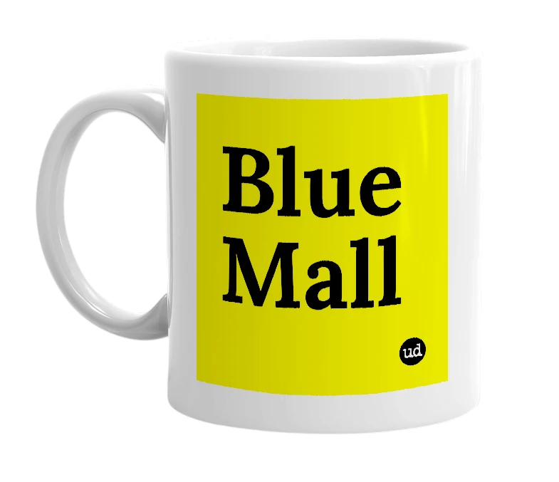 White mug with 'Blue Mall' in bold black letters