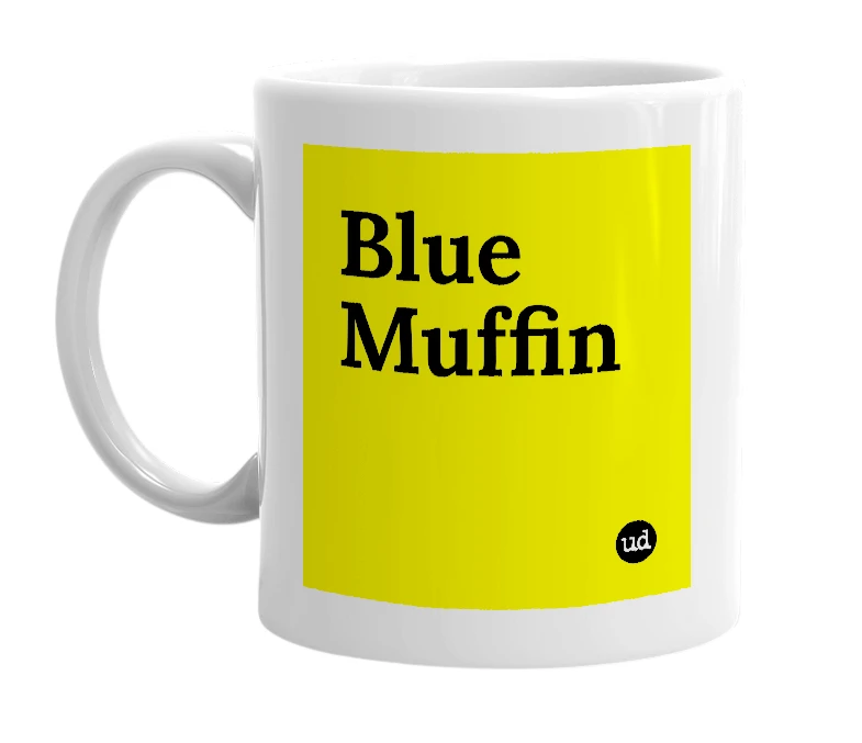 White mug with 'Blue Muffin' in bold black letters