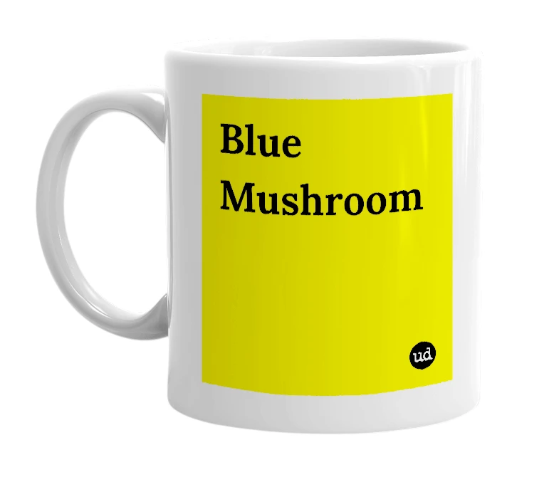 White mug with 'Blue Mushroom' in bold black letters