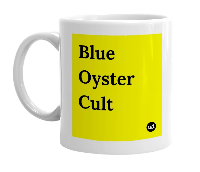 White mug with 'Blue Oyster Cult' in bold black letters