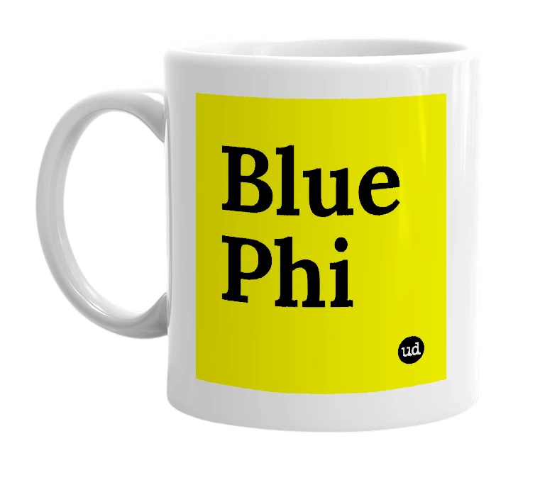 White mug with 'Blue Phi' in bold black letters