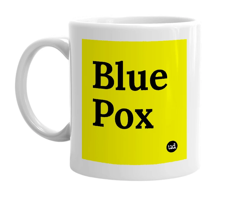 White mug with 'Blue Pox' in bold black letters