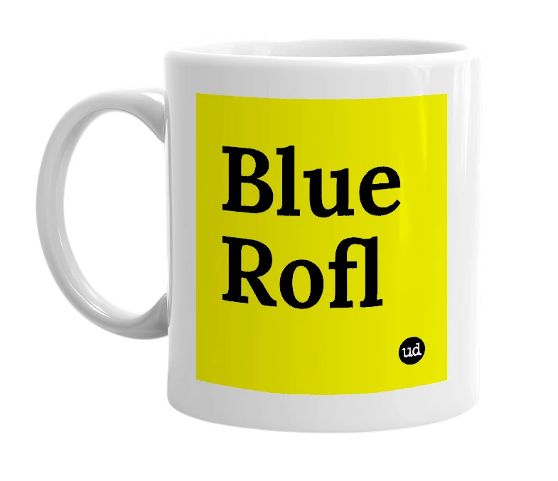 White mug with 'Blue Rofl' in bold black letters