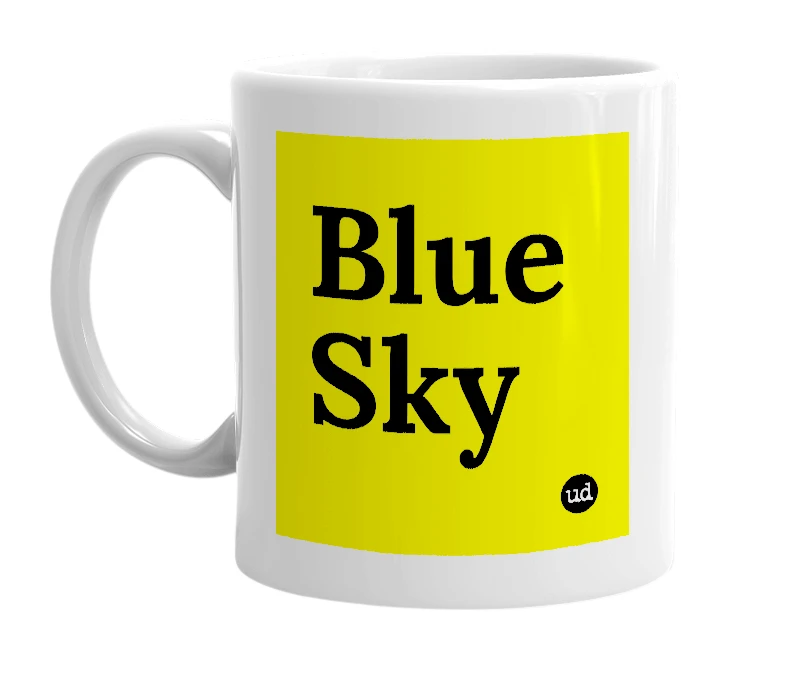 White mug with 'Blue Sky' in bold black letters