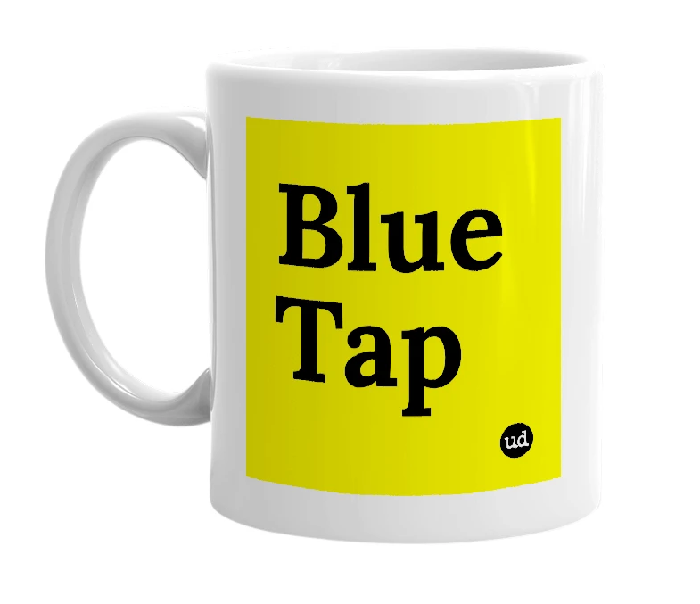White mug with 'Blue Tap' in bold black letters