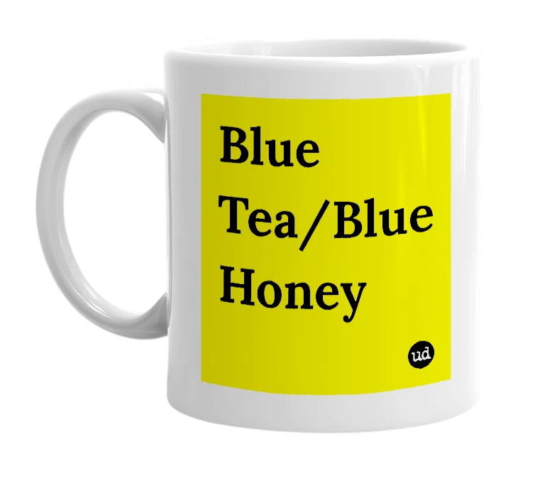 White mug with 'Blue Tea/Blue Honey' in bold black letters