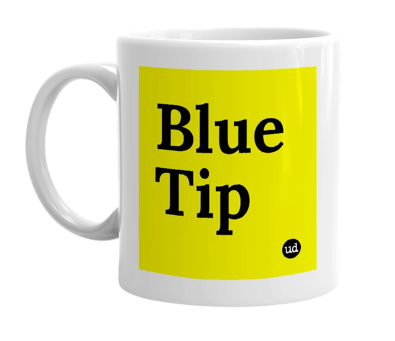 White mug with 'Blue Tip' in bold black letters