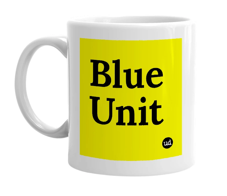 White mug with 'Blue Unit' in bold black letters