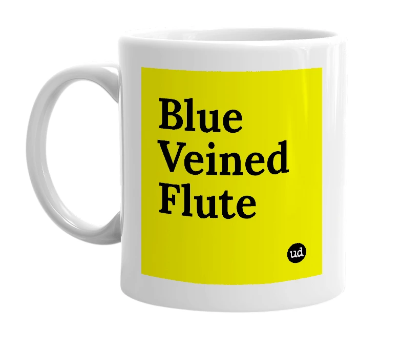 White mug with 'Blue Veined Flute' in bold black letters