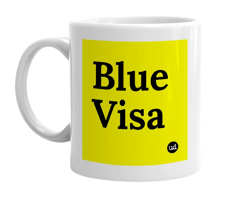 White mug with 'Blue Visa' in bold black letters