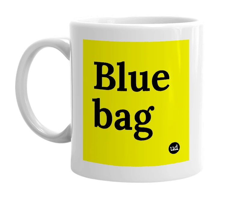 White mug with 'Blue bag' in bold black letters