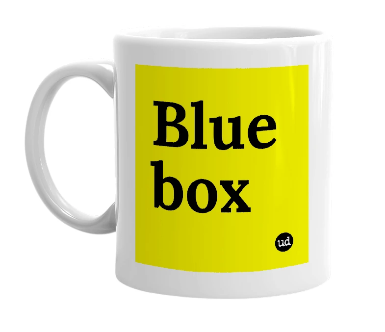 White mug with 'Blue box' in bold black letters