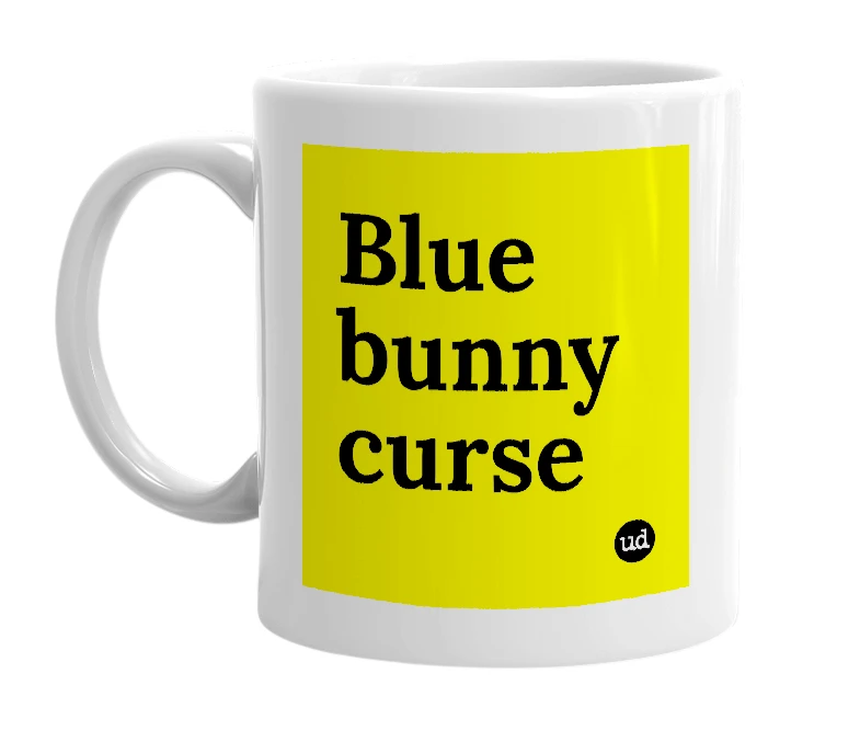 White mug with 'Blue bunny curse' in bold black letters