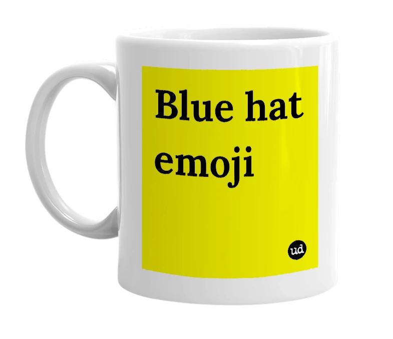 White mug with 'Blue hat emoji' in bold black letters