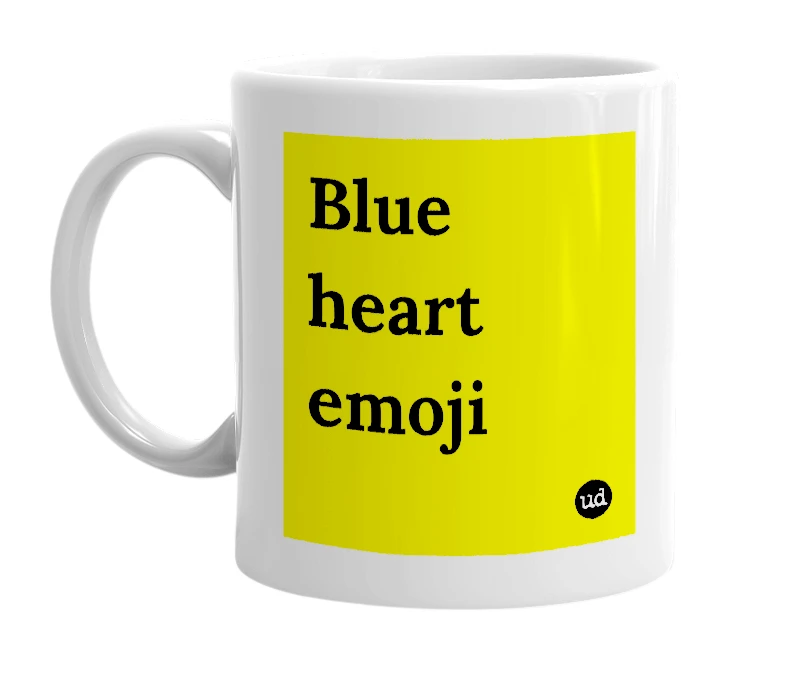 White mug with 'Blue heart emoji' in bold black letters
