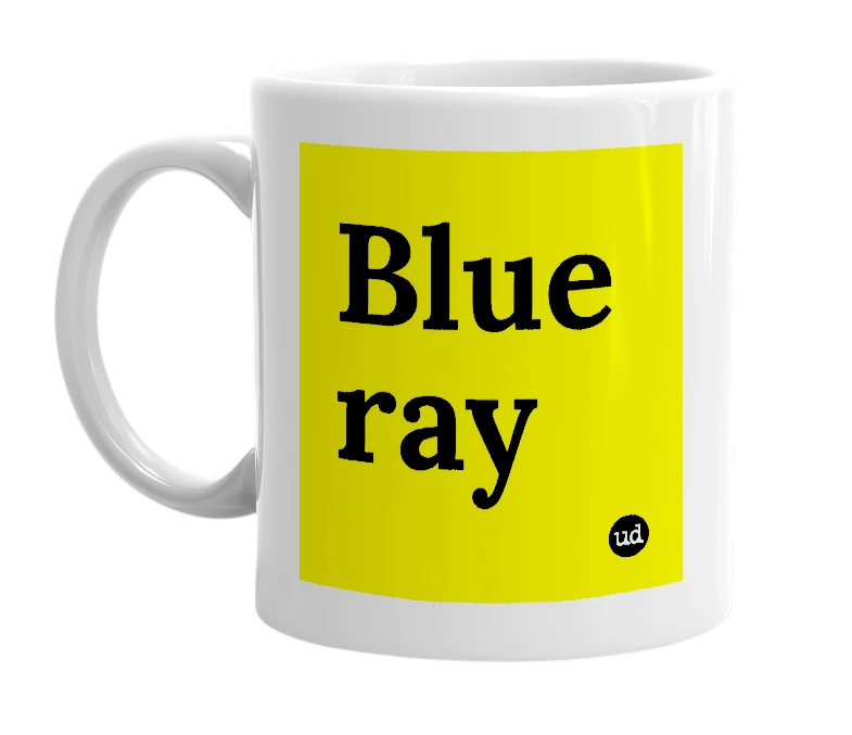 White mug with 'Blue ray' in bold black letters