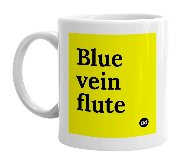 White mug with 'Blue vein flute' in bold black letters