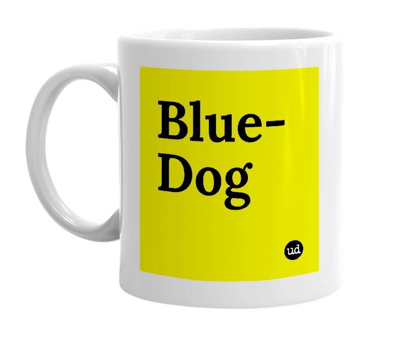 White mug with 'Blue-Dog' in bold black letters