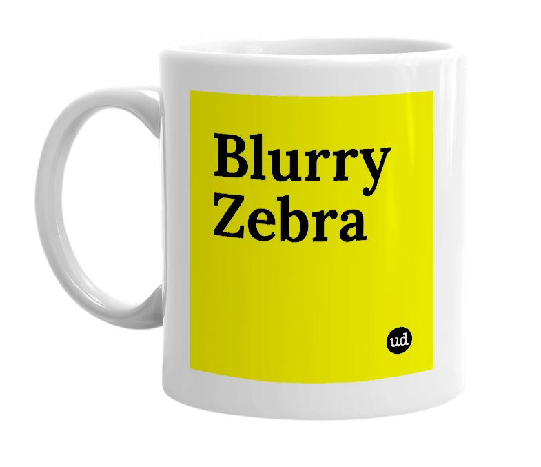 White mug with 'Blurry Zebra' in bold black letters