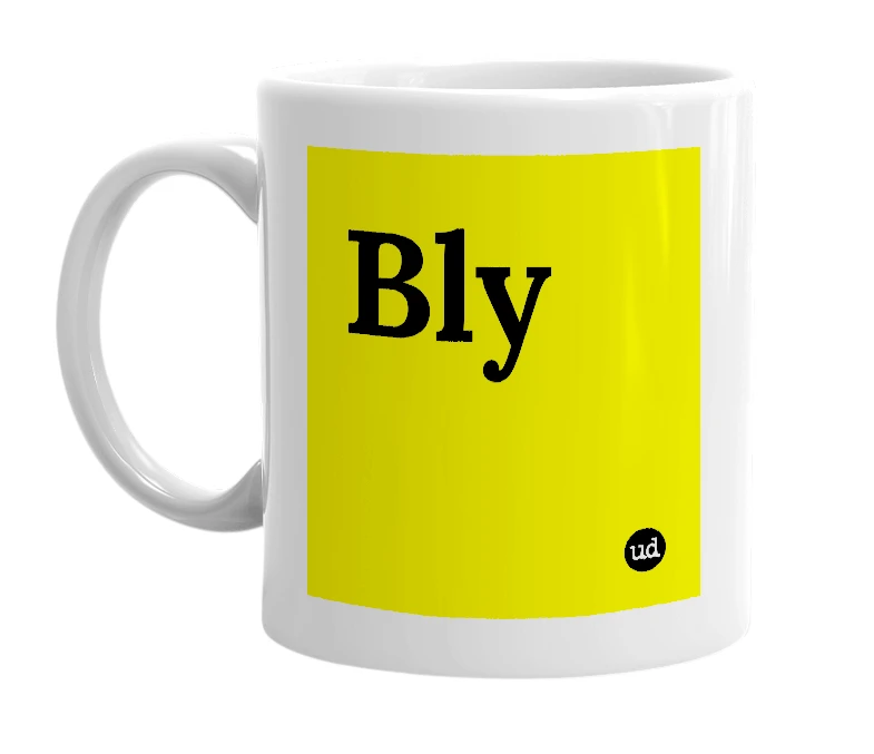 White mug with 'Bly' in bold black letters