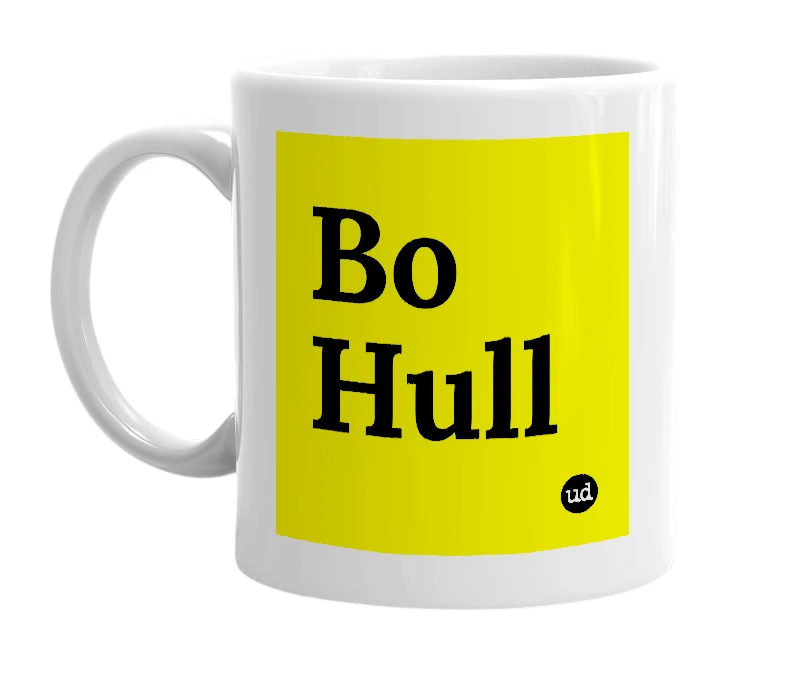 White mug with 'Bo Hull' in bold black letters