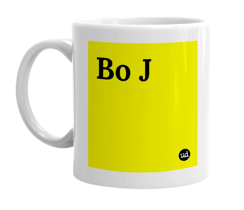 White mug with 'Bo J' in bold black letters