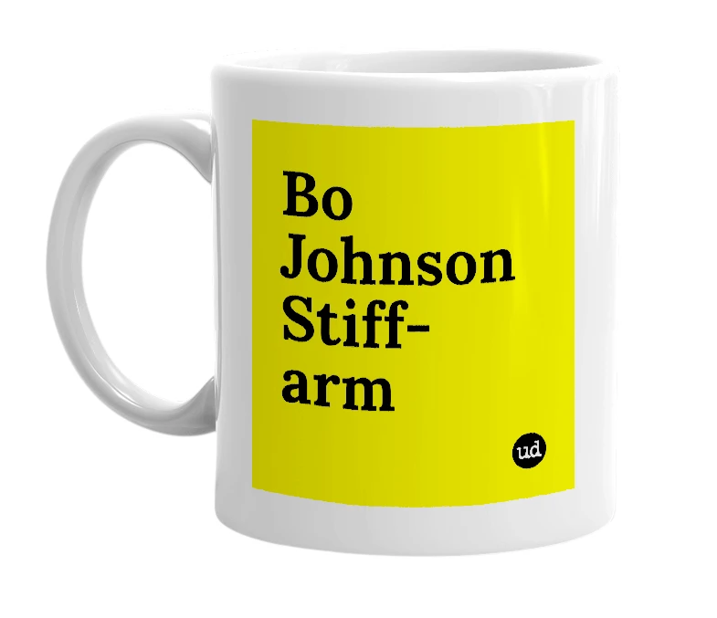 White mug with 'Bo Johnson Stiff-arm' in bold black letters