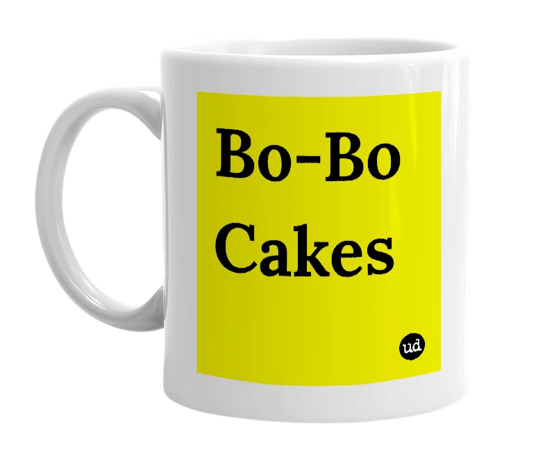 White mug with 'Bo-Bo Cakes' in bold black letters