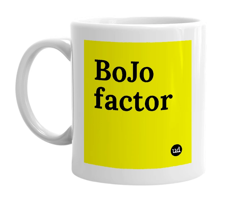 White mug with 'BoJo factor' in bold black letters