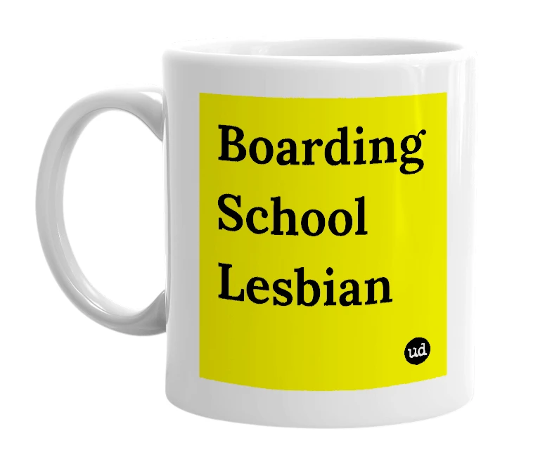 White mug with 'Boarding School Lesbian' in bold black letters