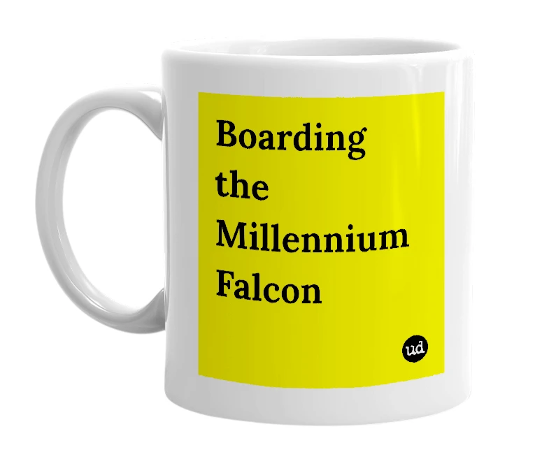 White mug with 'Boarding the Millennium Falcon' in bold black letters