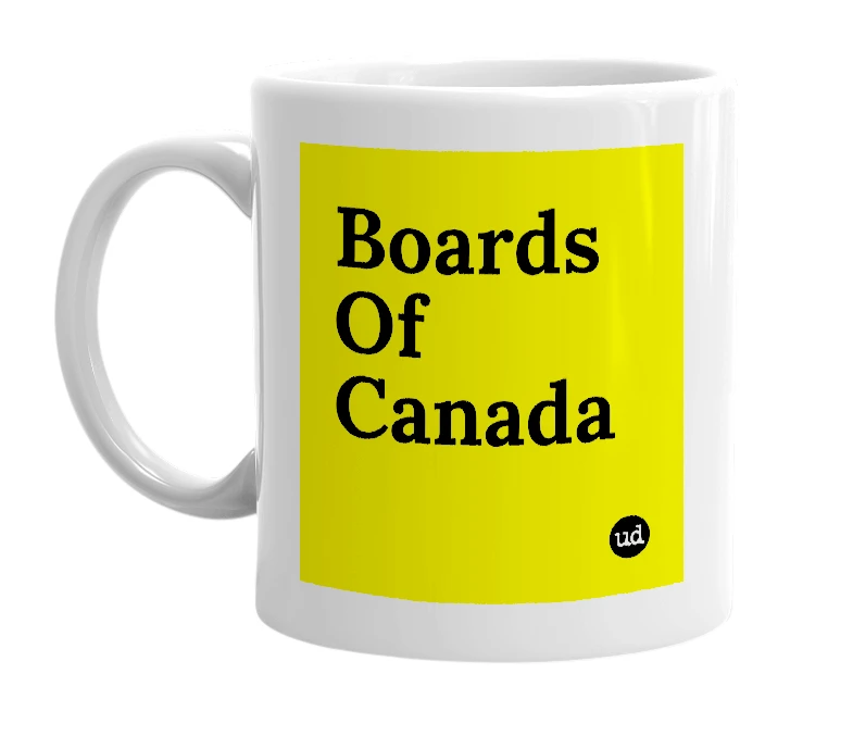 White mug with 'Boards Of Canada' in bold black letters