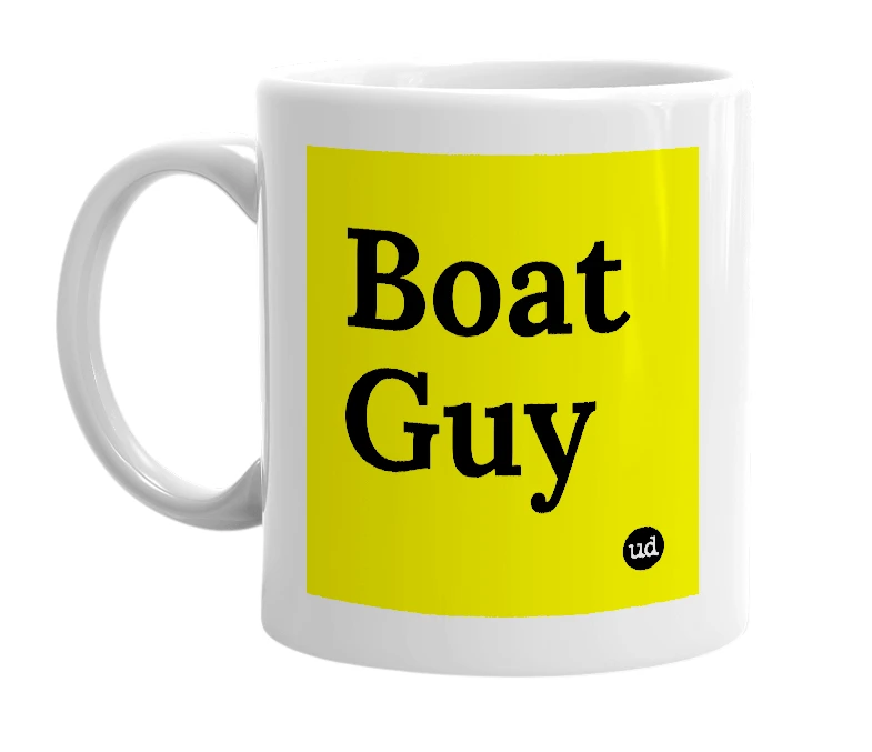 White mug with 'Boat Guy' in bold black letters