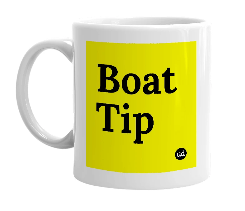 White mug with 'Boat Tip' in bold black letters