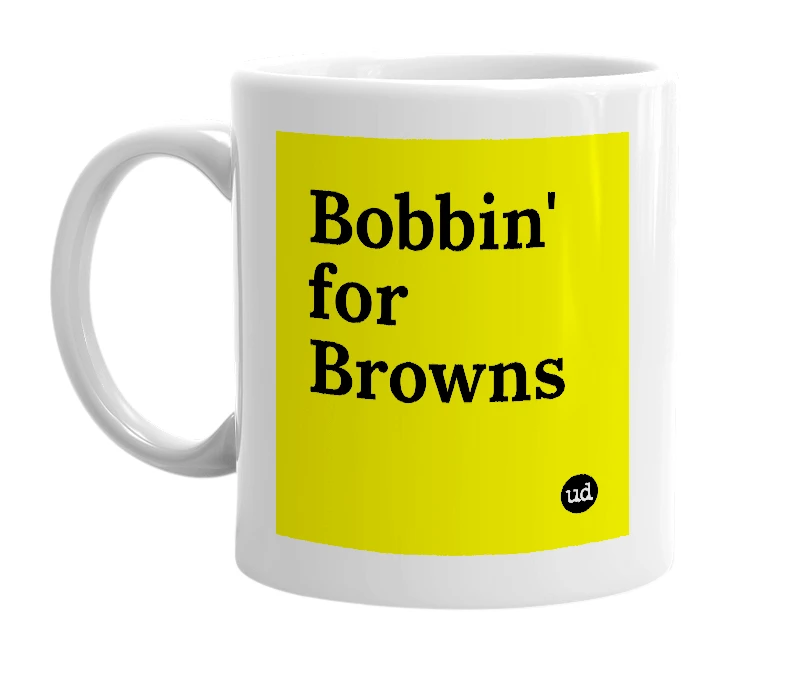 White mug with 'Bobbin' for Browns' in bold black letters